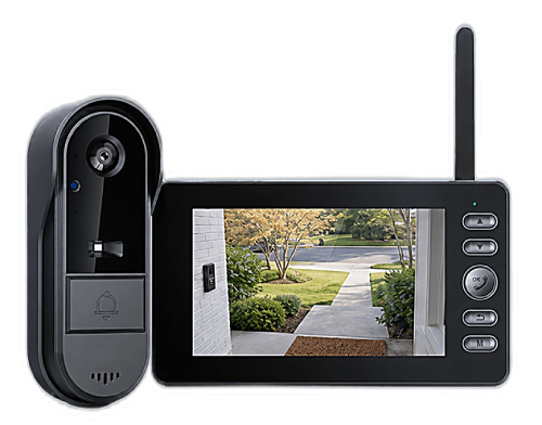 Vital Smart Door Home kit: black wireless doorbell camera next to the portable indoor monitor showing a live view of the front yard
