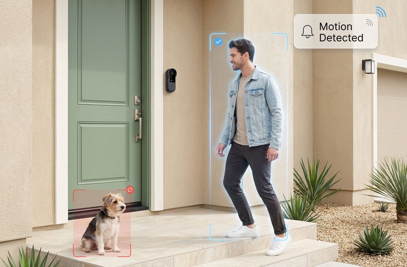 Vital Smart Door Home motion detection identifying a person approaching a front door while ignoring a small dog on the porch