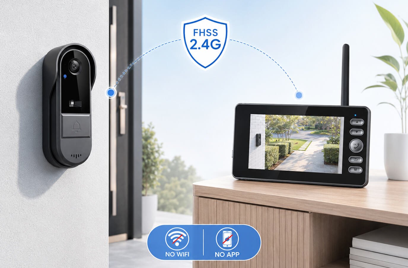 Vital Smart Door Home doorbell camera on an exterior wall linked by FHSS 2.4G to the indoor monitor on a sideboard — icons highlight no WiFi and no app required